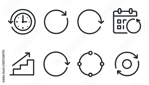 Minimalist icons: clocks, calendars, arrows, and circular designs on black background