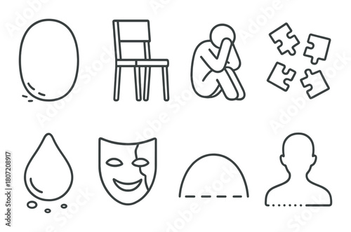 Surreal minimalist icons featuring chair, puzzle, mask, egg, and human silhouette