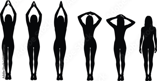 Set of female silhouettes, woman stretching arms, yoga poses sequence, isolated vector illustration, fitness and wellness concept design