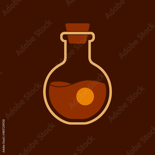 Stylized illustration of a potion bottle with an orange liquid and a cork