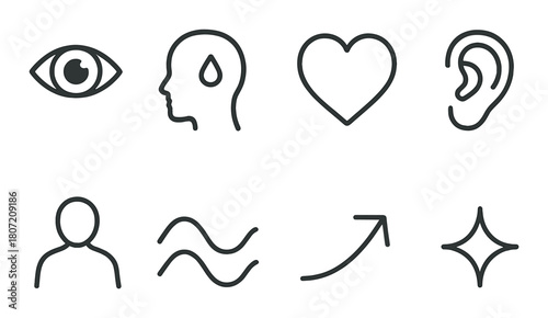 Minimalist icons depicting human senses and emotions in soft black silhouette design