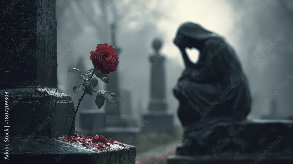 Fototapeta premium Memorial service featuring a grieving woman with a flower at a burial site reflecting on death and sorrow
