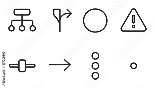 Minimalist symbols: flowchart, decision, alert, control, navigation icons on dark background