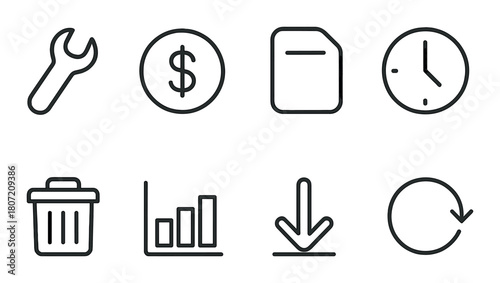 Black and gray icon set: tools, money, file, clock, trash, chart, download, reload