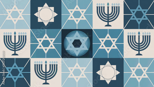 Modern blue geometric patterns featuring Star of David and Menorah symbols for cultural celebration