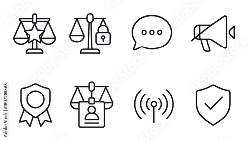 Monochrome icon set: justice, communication, security, network, shield symbols