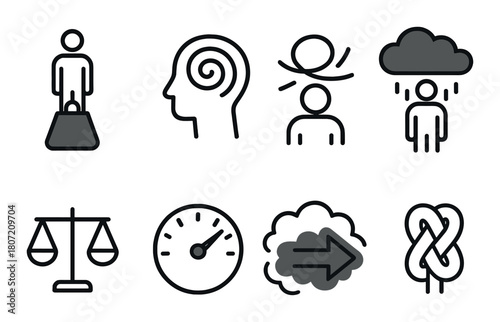 Monochrome symbolic icons of emotions and concepts on a black background