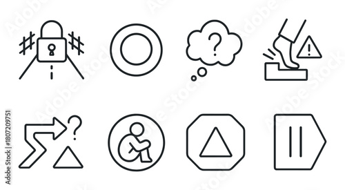 Abstract minimalist icons: security, decision, alert, caution, directional art
