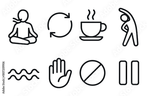 Wellness and balance: meditation, stretching, and symbolic icons on dark background