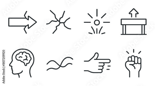 Abstract icons set featuring arrow, brain, hand, and sun symbols on textured background