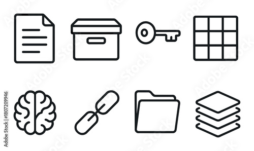 Minimalist icons including document, box, key, grid, brain, link, folder, stack on black background