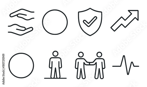 Monochrome icon set featuring symbols of security, growth, teamwork, and health
