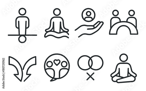 Minimalist icons: meditation, interaction, balance, community, relationships