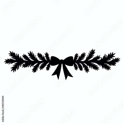 Monochrome Curved Pine Branch Swag Silhouette with Central Bow