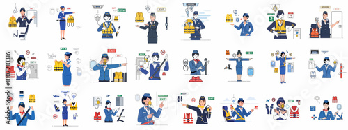 Aircraft safety instruction vector set featuring flight attendants demonstrating life vests, oxygen masks, seatbelts, and emergency exits procedures.
