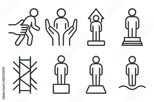 Minimalistic icons representing human support and achievement concepts