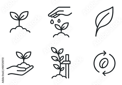 Minimalist icon set of plant growth, sustainability, and eco-friendly symbols