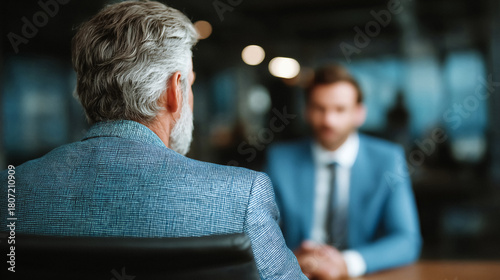 Experienced executive mentors younger professional in focused modern office meeting