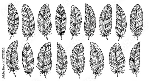 Collection of hand-drawn stylized feathers with intricate bohemian and tribal patterns in black and white line art.