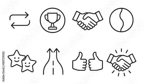 Eight minimalist icons featuring trophies, handshakes, and smiling stars