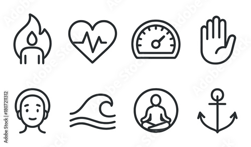Black metal icons: fire, heartbeat, speedometer, hand, smiley, wave, meditation, anchor