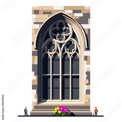 Intricate Gothic window with ornate tracery and stone facade, flanked by tiny figures and colorful flowers.