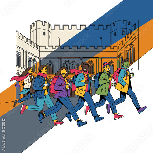 Diverse group of students with backpacks rushing excitedly towards a grand educational building, symbolizing learning and adventure.