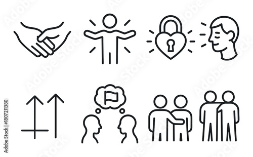 Abstract icons on dark background: communication, lock, human figures, arrows