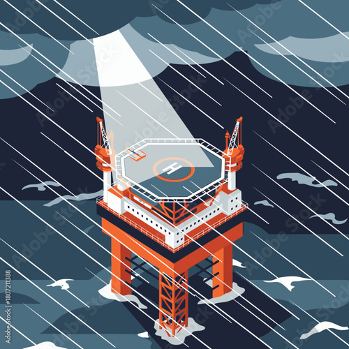 An offshore oil rig stands resilient amidst a dramatic storm with heavy rain and dark clouds illuminated by a spotlight.