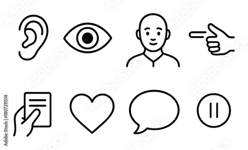 Simple black icon set: ear, eye, male face, hand, document, heart, speech bubble, pause