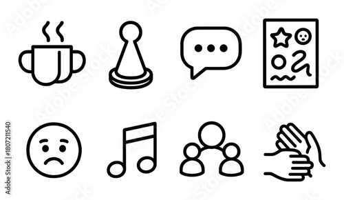Collection of minimalist icons on black background: coffee, game, chat, art, emotion, music, group, applause