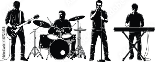 Silhouette of rock band performing live music, guitarist drummer singer and keyboard player, black and white vector illustration, isolated