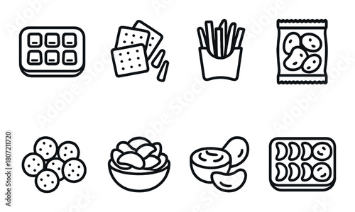Outlined snack icons: fries, chips, crackers, nuts, waffles