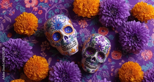 Vibrant image of sugar skulls for Day of the Dead set against a purple backdrop adorned with cempasuchil flowers