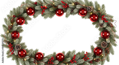 Oval christmas wreath with green pine branches, red baubles, pinecones, and berries