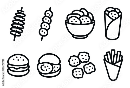 Various snack icons including skewers and fast food items on black background