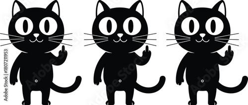 Three black cats, funny cartoon characters showing middle finger gesture, rude sarcastic vector illustration isolated on white background
