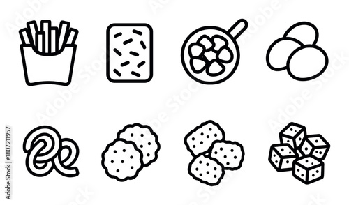 Minimalist icon set of fast food snacks and desserts in black and white