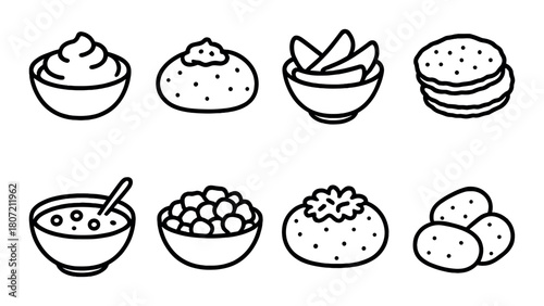 Assorted simple food icons: soup, dumplings, potato, wedges, biscuits, mash