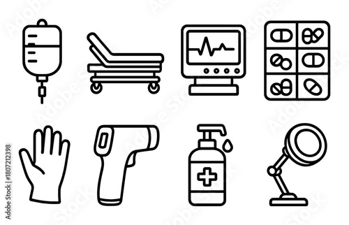 Medical equipment icons: iv, stretcher, monitor, pills, glove, thermometer, sanitizer, lamp