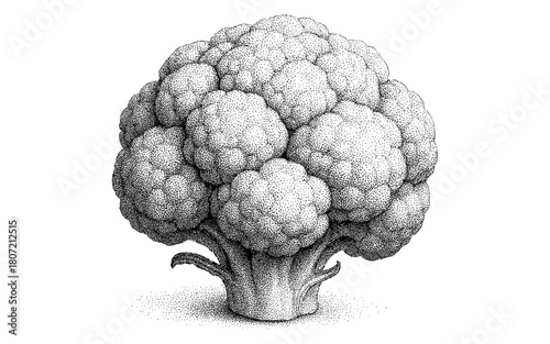 Detailed botanical ink drawing of cauliflower with intricate dotwork technique