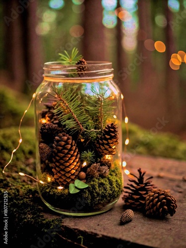 A jar filled with pine cones, moss, miniature pine branches and warm glowworms, in the forest
