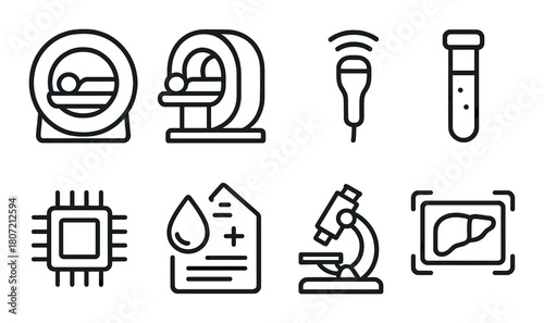 Medical imaging and diagnostics icons: mri, ultrasound, microscope, blood test