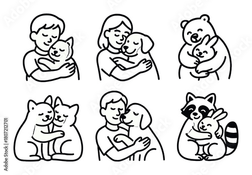 Cartoon animals and people hugging set: cute illustrations of affectionate moments