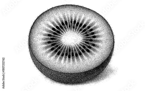 Hand drawn dot art kiwi slice in stippled style with detailed seeds and flesh