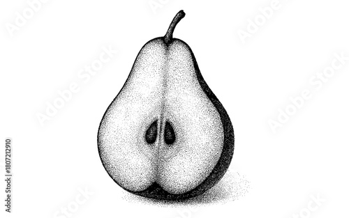 Halved pear in stippled style with detailed cross section and seeds