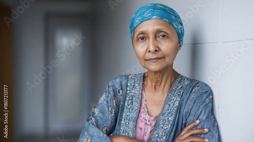 Portrait of an elderly Indian woman with cancer in a hospital after chemotherapy arms crossed symbolizing healthcare