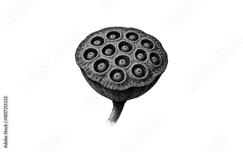 Detailed botanical pod drawing with intricate pattern and textured surface