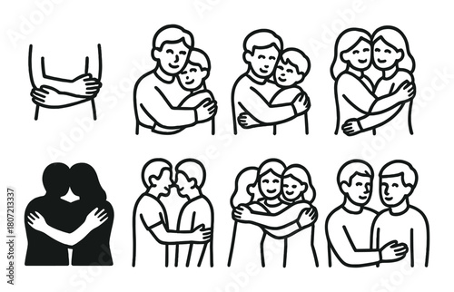 Simple line drawings of affectionate hugs featuring diverse couples