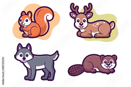 Four cute cartoon forest animals including a squirrel, deer, wolf, and beaver.